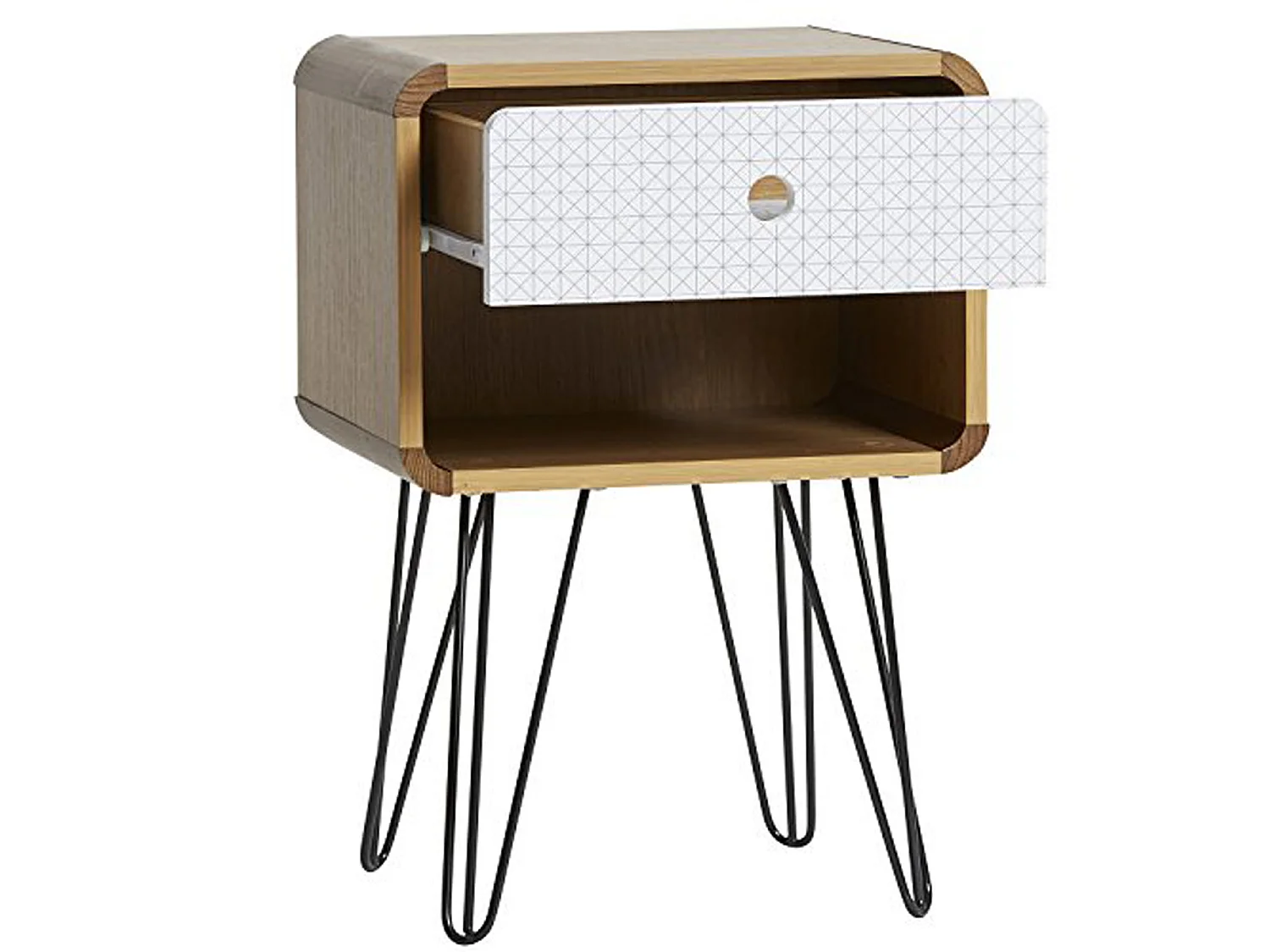 Mesa de cabeceira Buda 1 gaveta, cor carvalho, pernas de metal em preto.