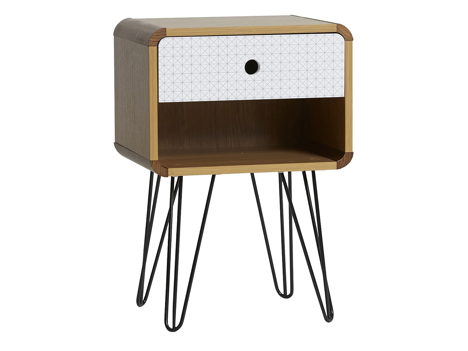 Nachtkastje Boeddha 1 lade, eiken kleur, metalen poten in zwart