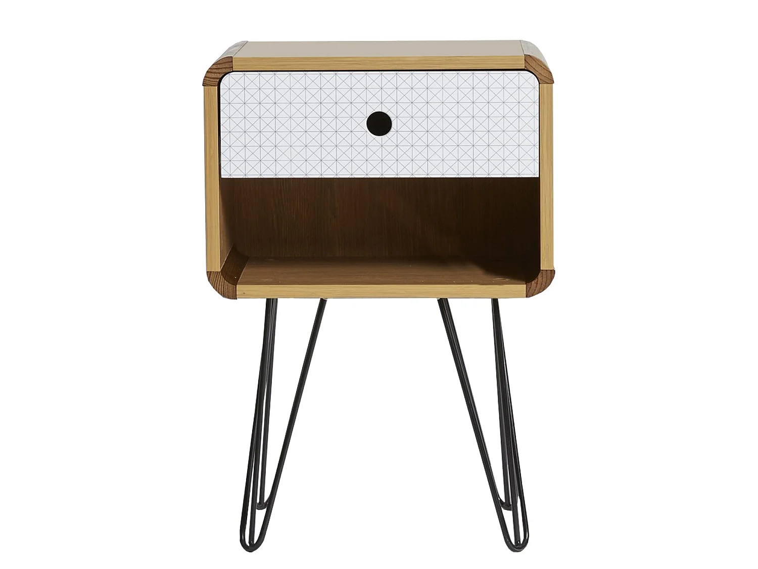 Nachtkastje Boeddha 1 lade, eiken kleur, metalen poten in zwart