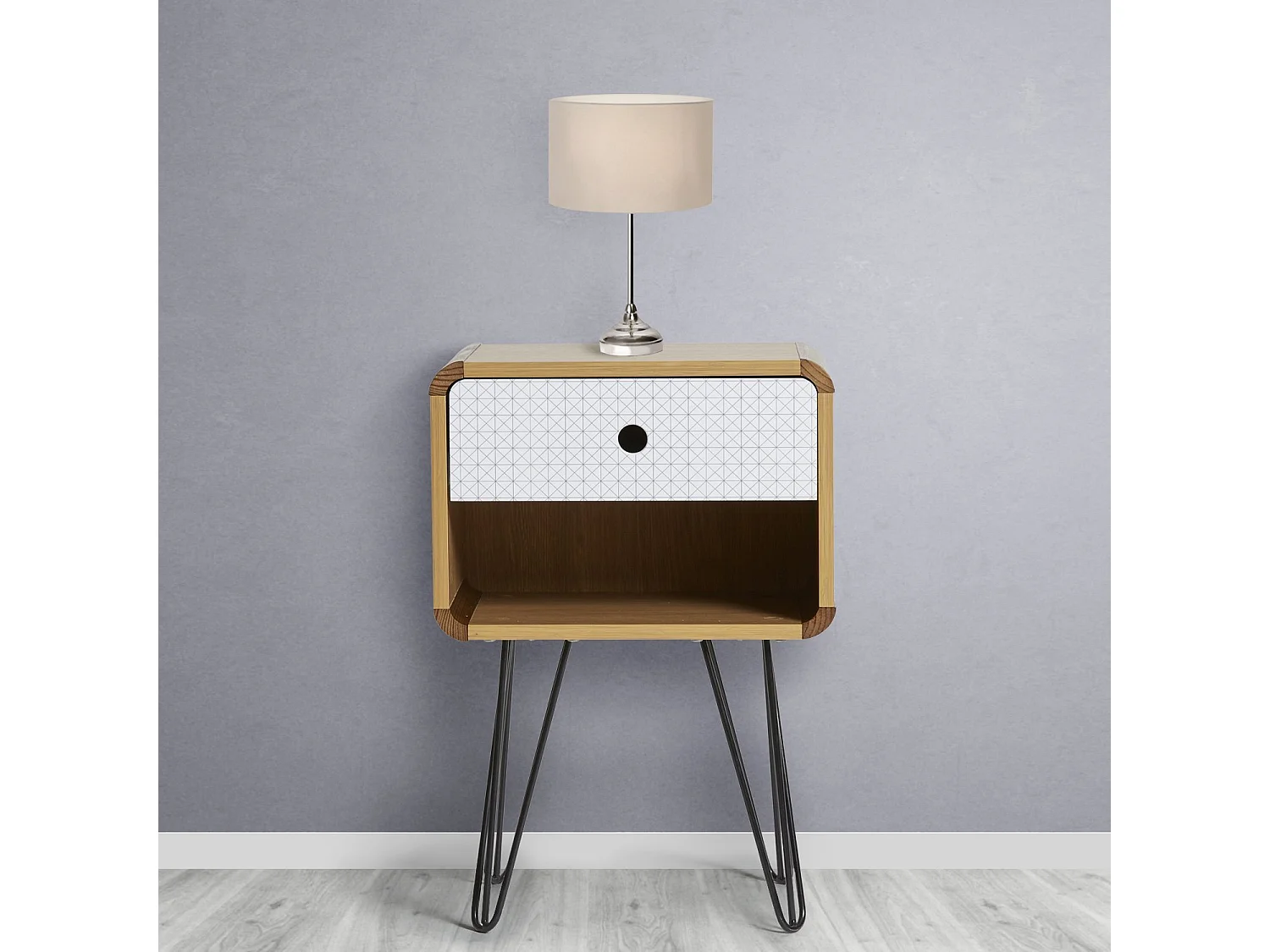 Nachtkastje Boeddha 1 lade, eiken kleur, metalen poten in zwart