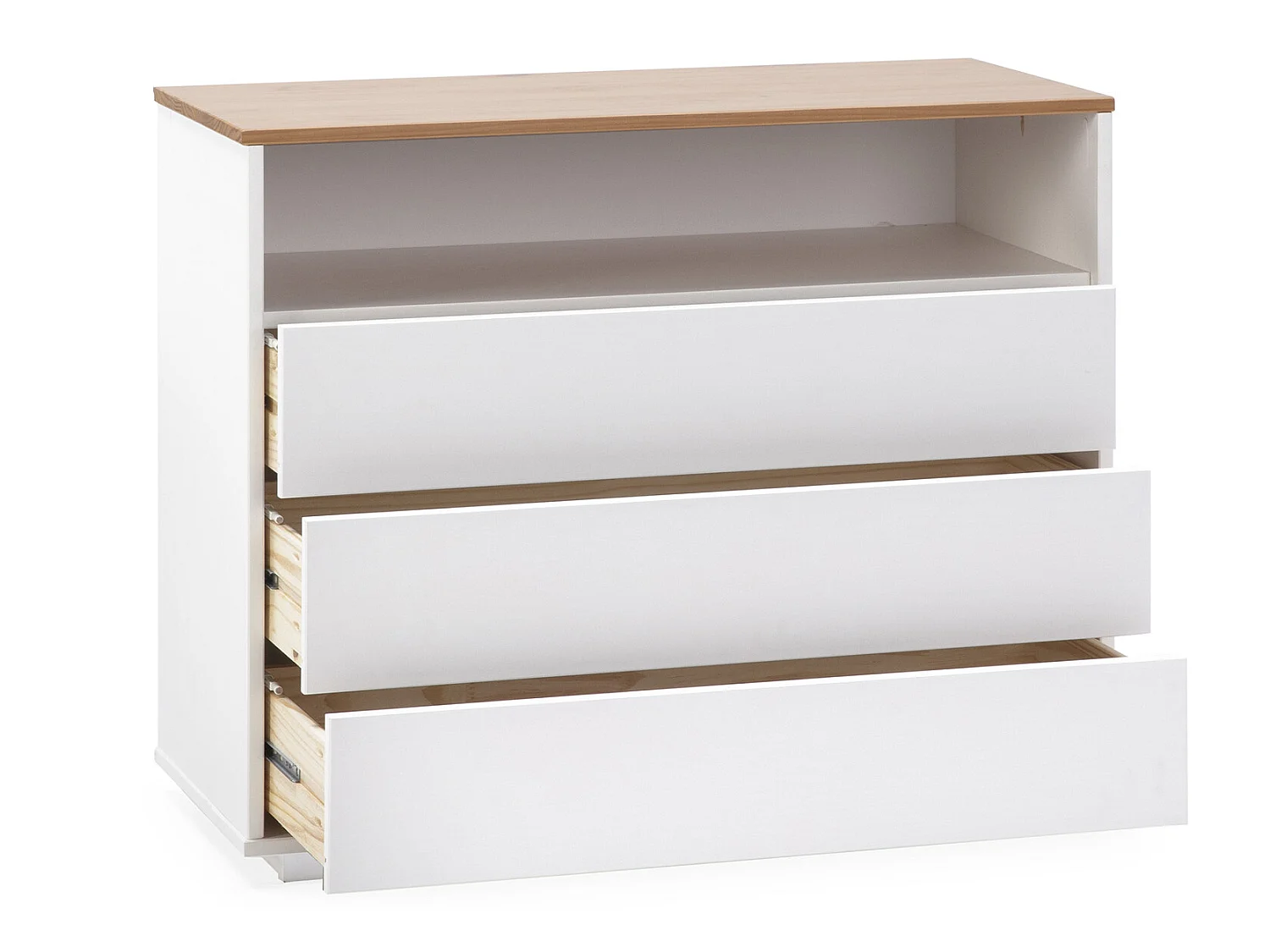 Nachtkastje Bob 3 laden 1 gat Wit/Eiken, Massief hout