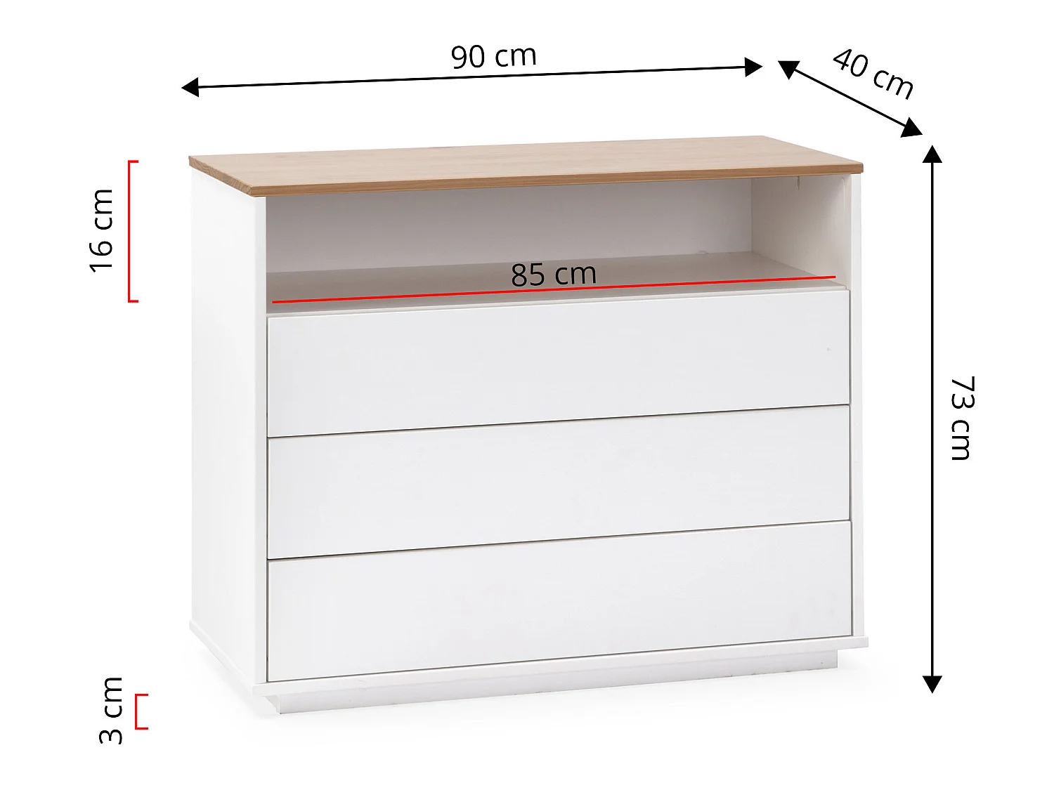 Nachtkastje Bob 3 laden 1 gat Wit/Eiken, Massief hout