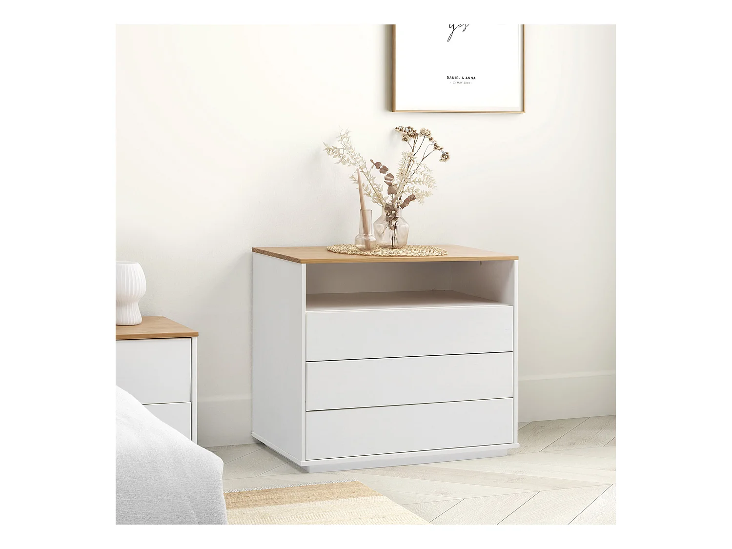 Nachtkastje Bob 3 laden 1 gat Wit/Eiken, Massief hout