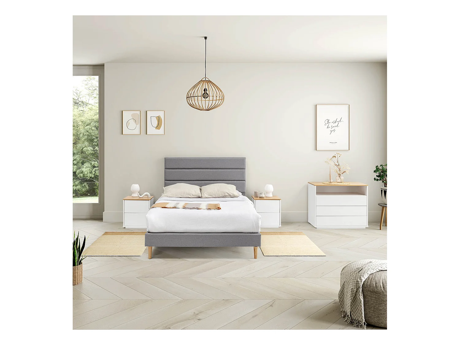 Nachtkastje Bob 3 laden 1 gat Wit/Eiken, Massief hout