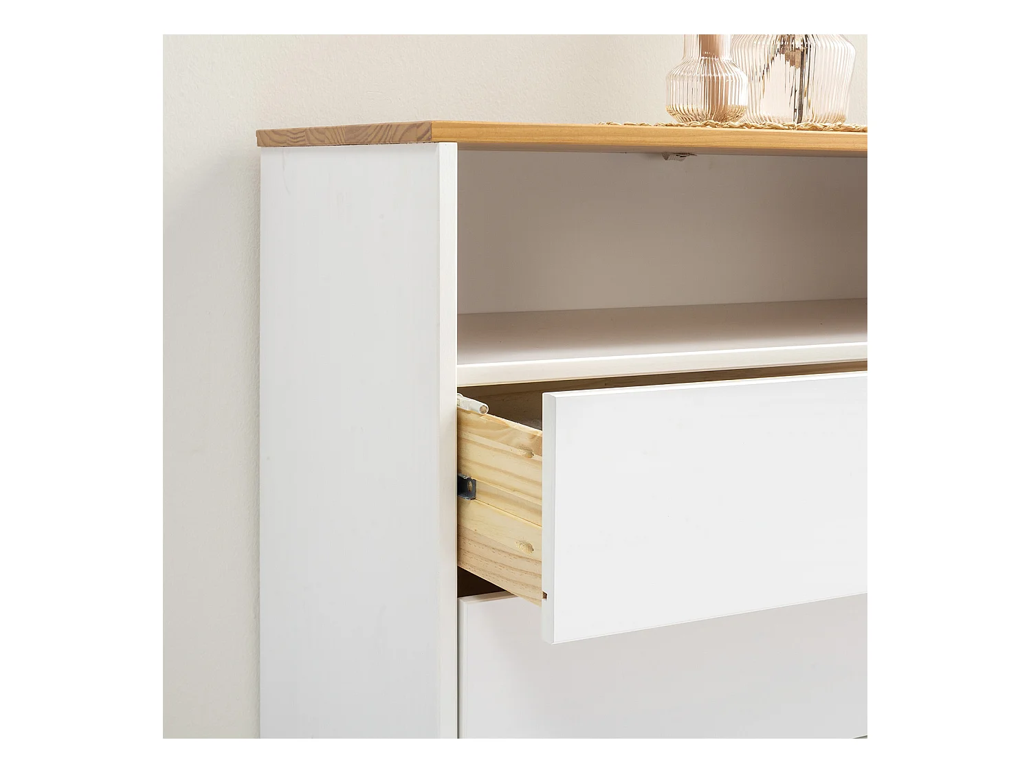 Nachtkastje Bob 3 laden 1 gat Wit/Eiken, Massief hout