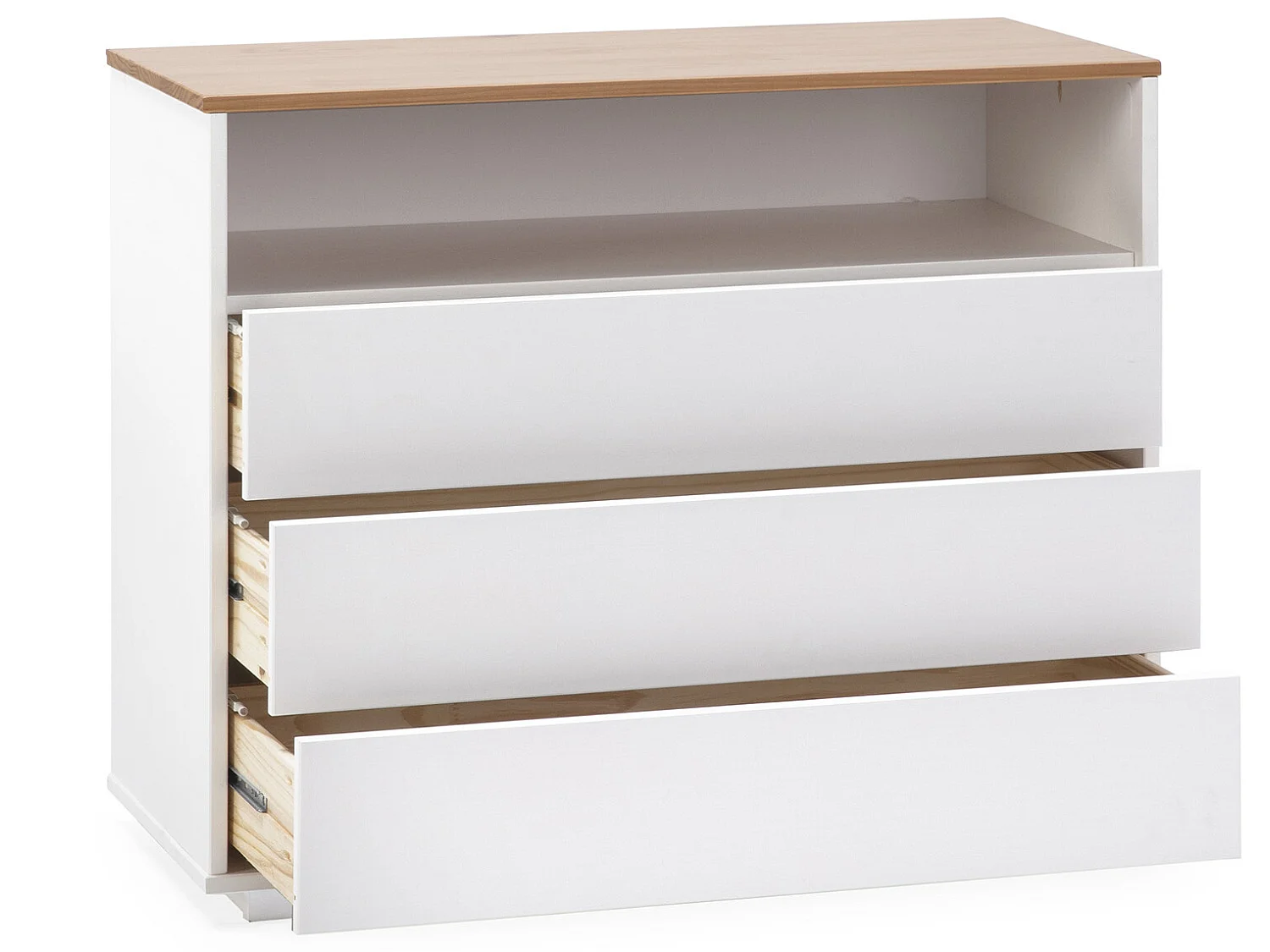 Nachtkastje Bob 3 laden 1 gat Wit/Eiken, Massief hout