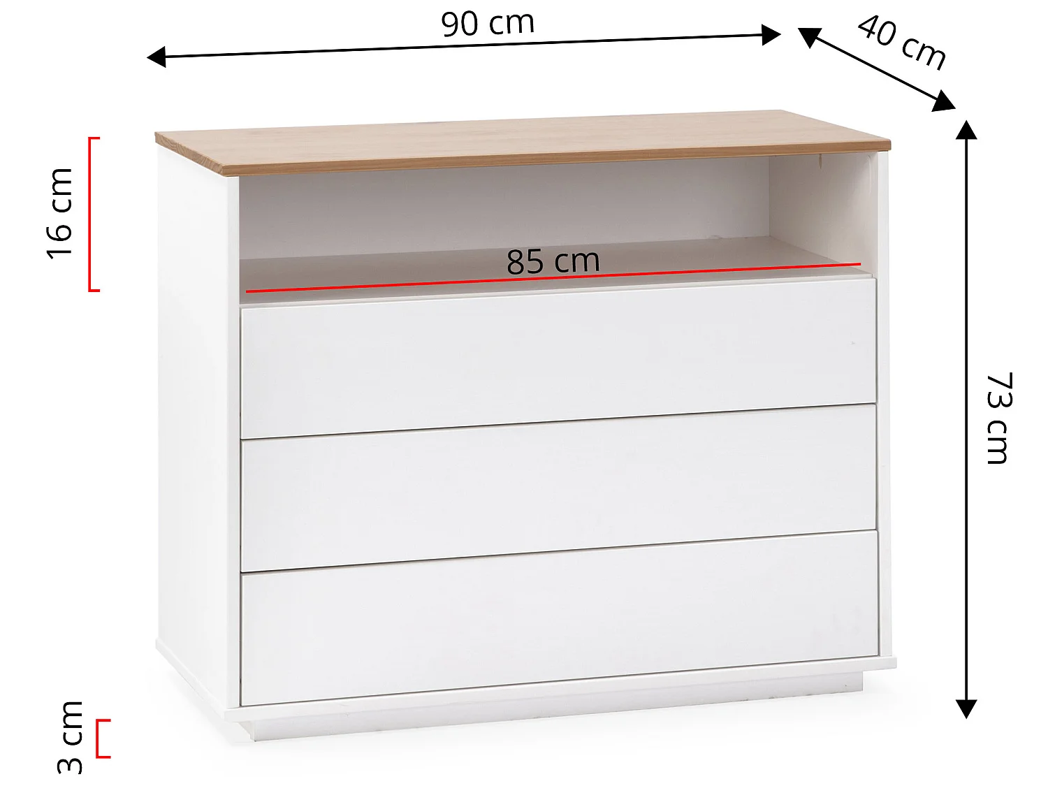 Nachtkastje Bob 3 laden 1 gat Wit/Eiken, Massief hout