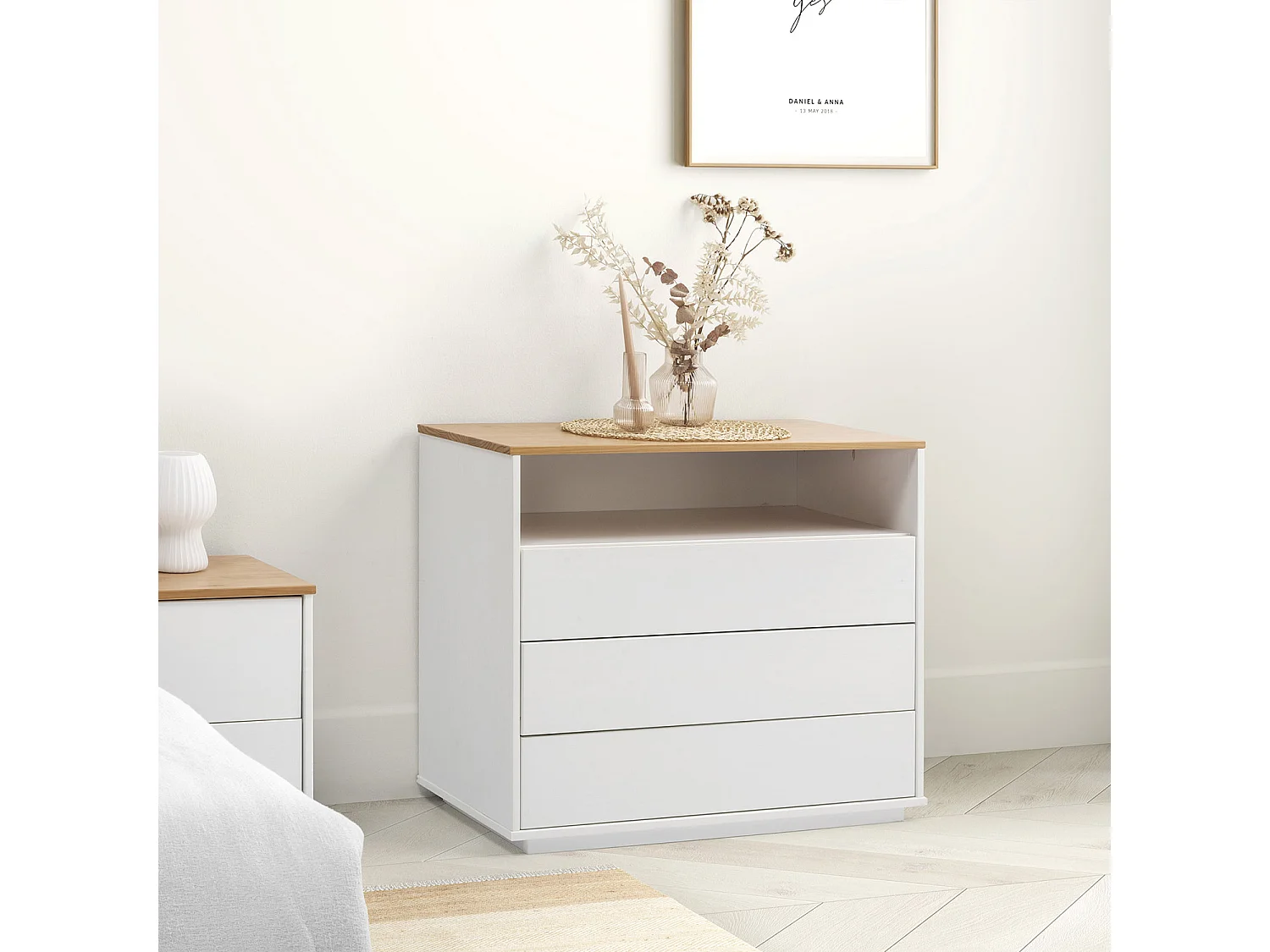 Nachtkastje Bob 3 laden 1 gat Wit/Eiken, Massief hout