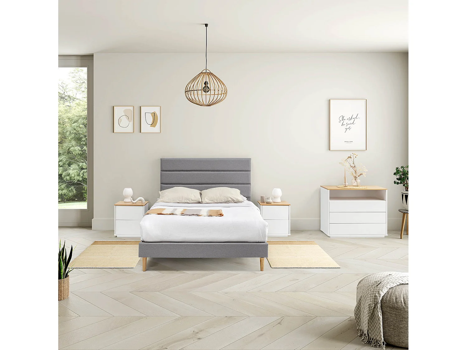 Nachtkastje Bob 3 laden 1 gat Wit/Eiken, Massief hout