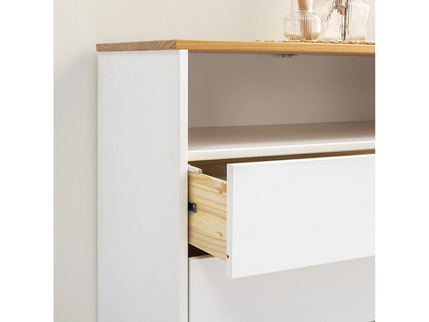 Nachtkastje Bob 3 laden 1 gat Wit/Eiken, Massief hout