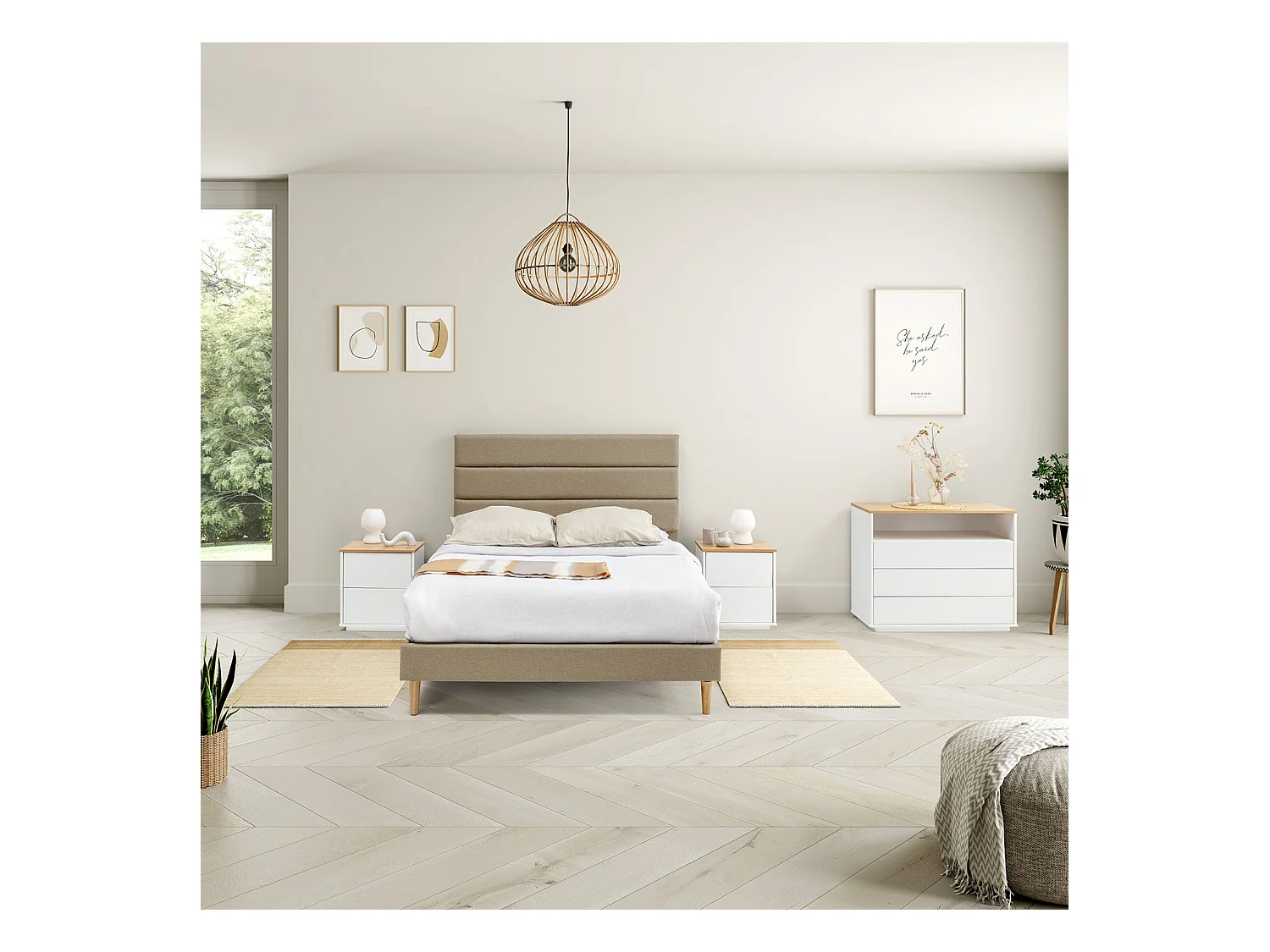 Nachtkastje Bob 2 laden Wit/Eiken, Massief Hout