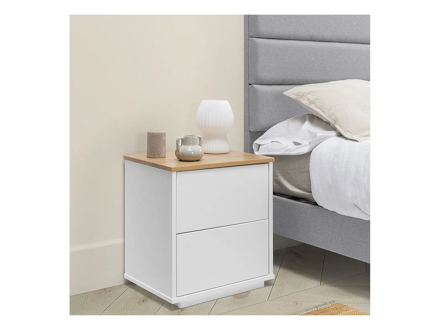 Table de chevet Bob 2 tiroirs blanc/chêne, bois massif