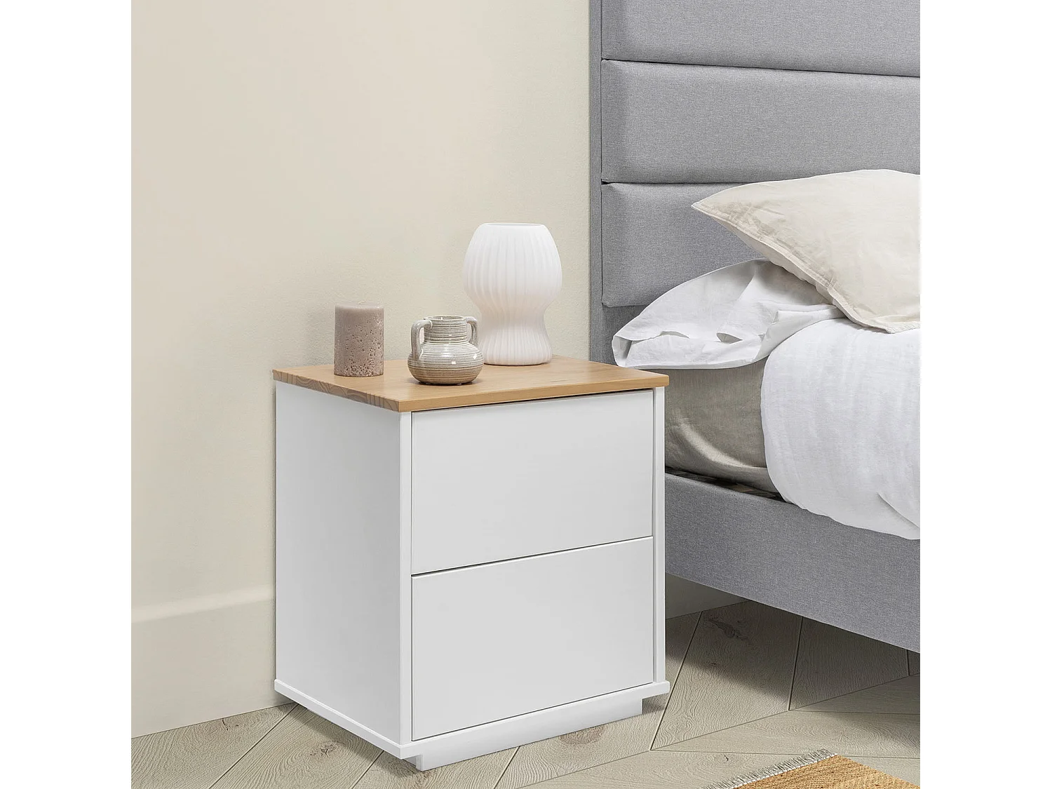 Table de chevet Bob 2 tiroirs blanc/chêne, bois massif
