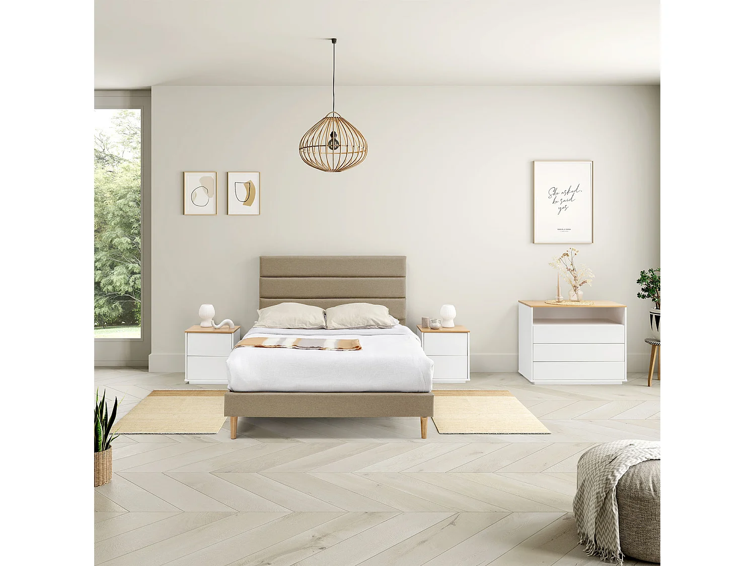 Table de chevet Bob 2 tiroirs blanc/chêne, bois massif