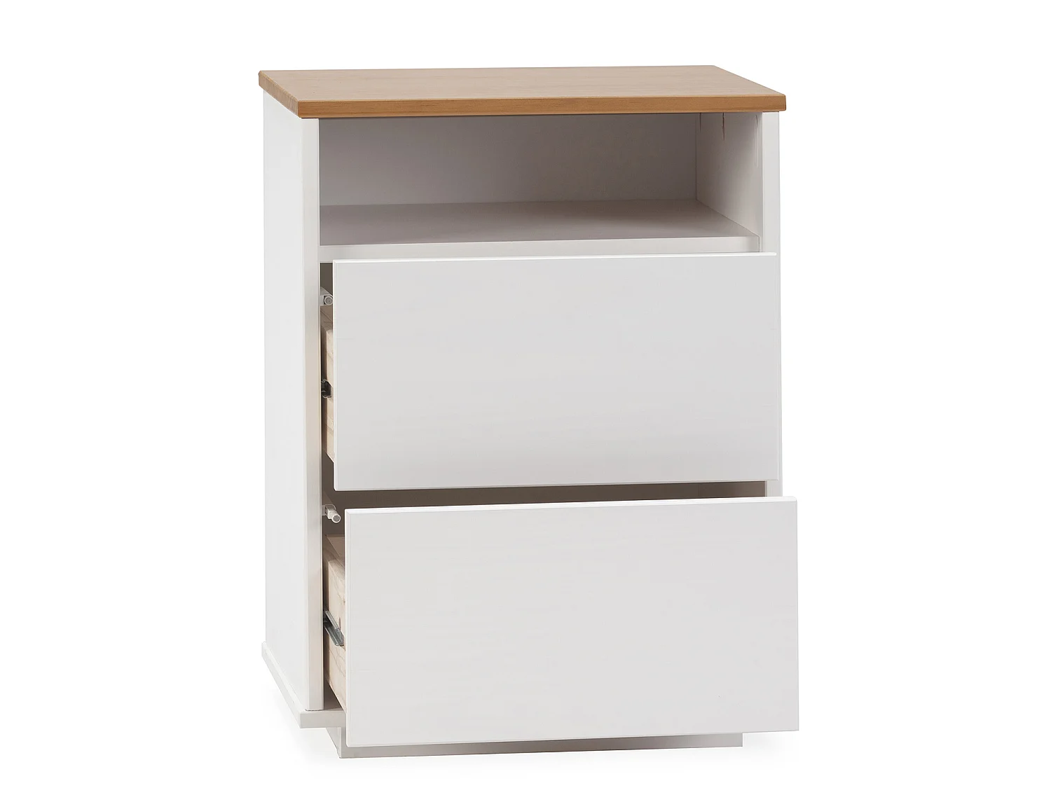 Mesa de cabeceira Bob 2 gavetas 1 nicho Branco/Carvalho, Madeira Maciça