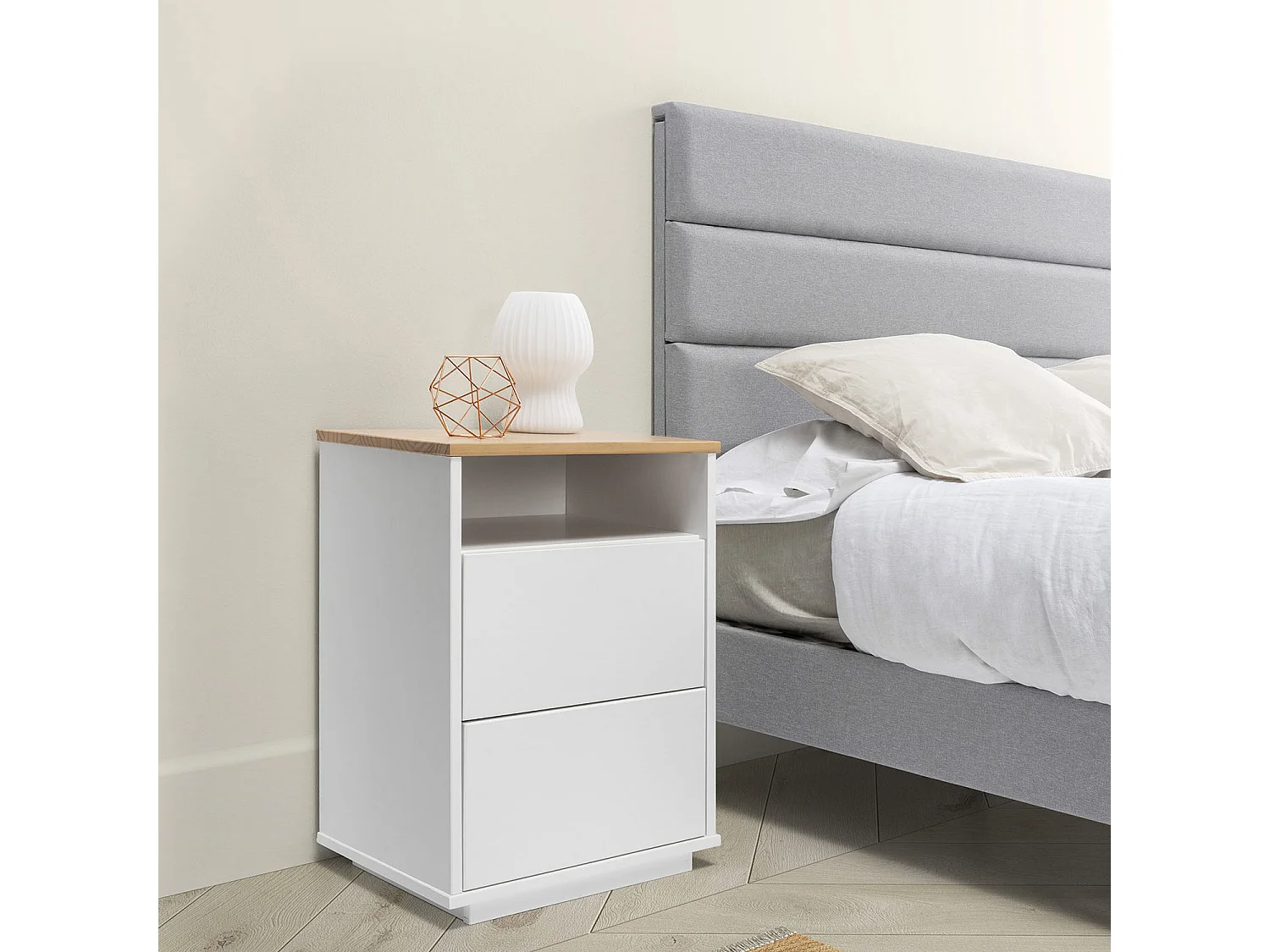 Mesa de cabeceira Bob 2 gavetas 1 nicho Branco/Carvalho, Madeira Maciça