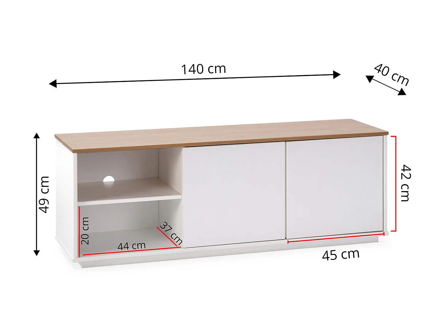 Mueble TV Bob 2 Puertas 2 Huecos Blanco/Roble, Madera Maciza