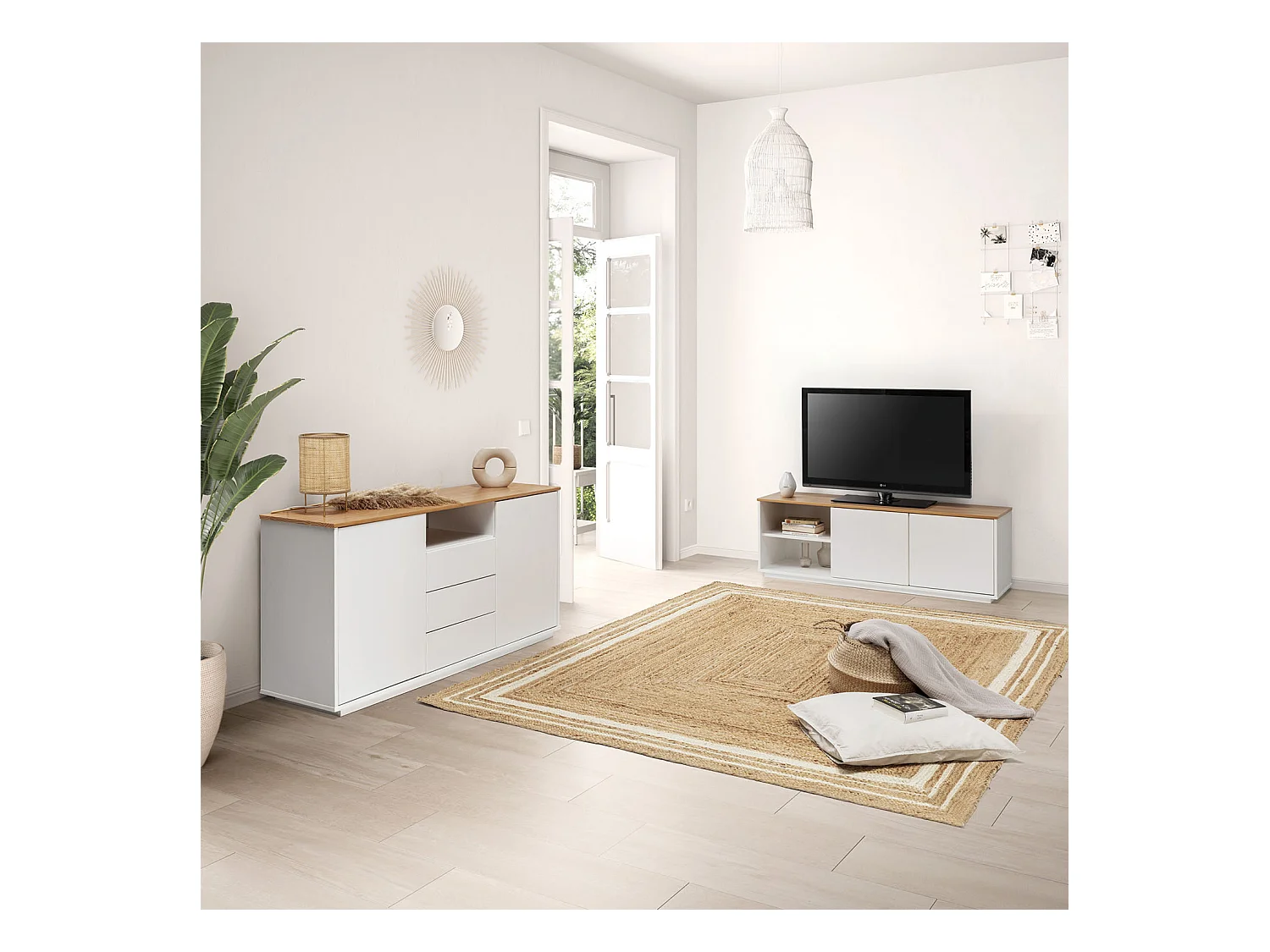 Mueble TV Bob 2 Puertas 2 Huecos Blanco/Roble, Madera Maciza