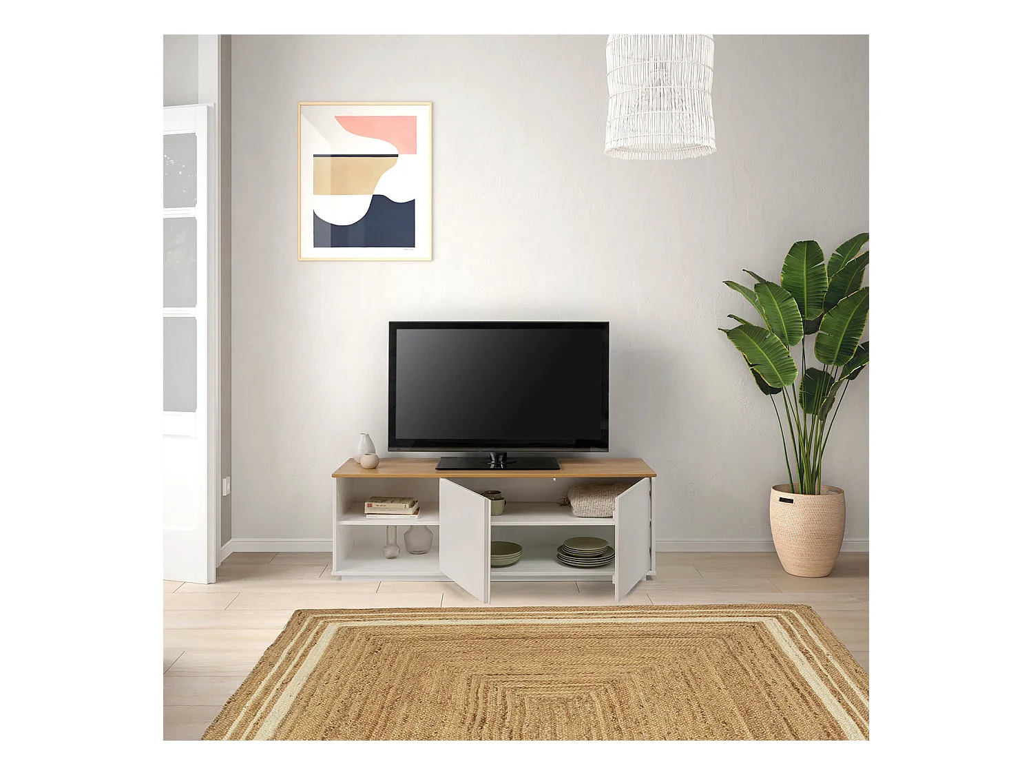 Mueble TV Bob 2 Puertas 2 Huecos Blanco/Roble, Madera Maciza
