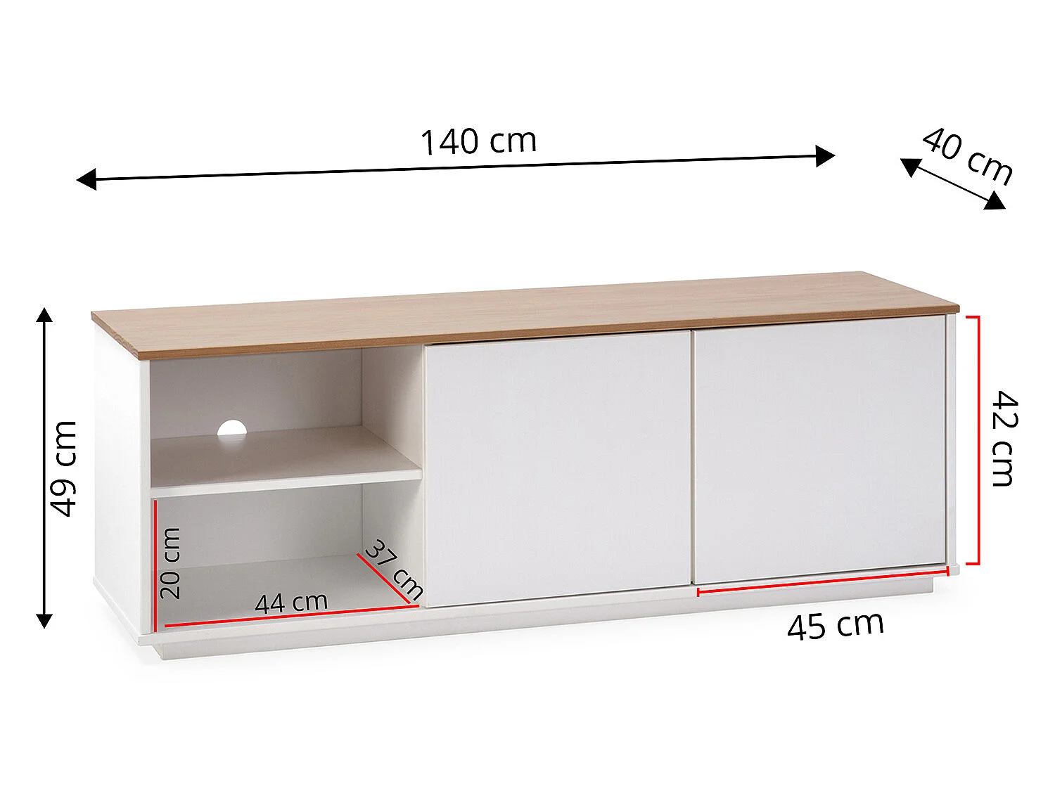Meuble tv Bob 2 Portes 2 niches blanc/chêne, bois massif