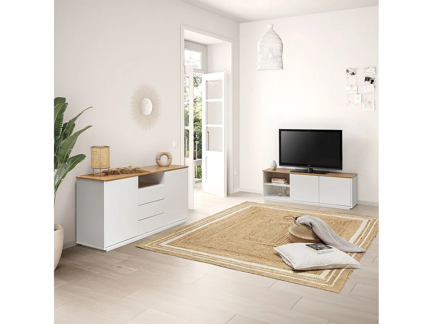 Meuble tv Bob 2 Portes 2 niches blanc/chêne, bois massif