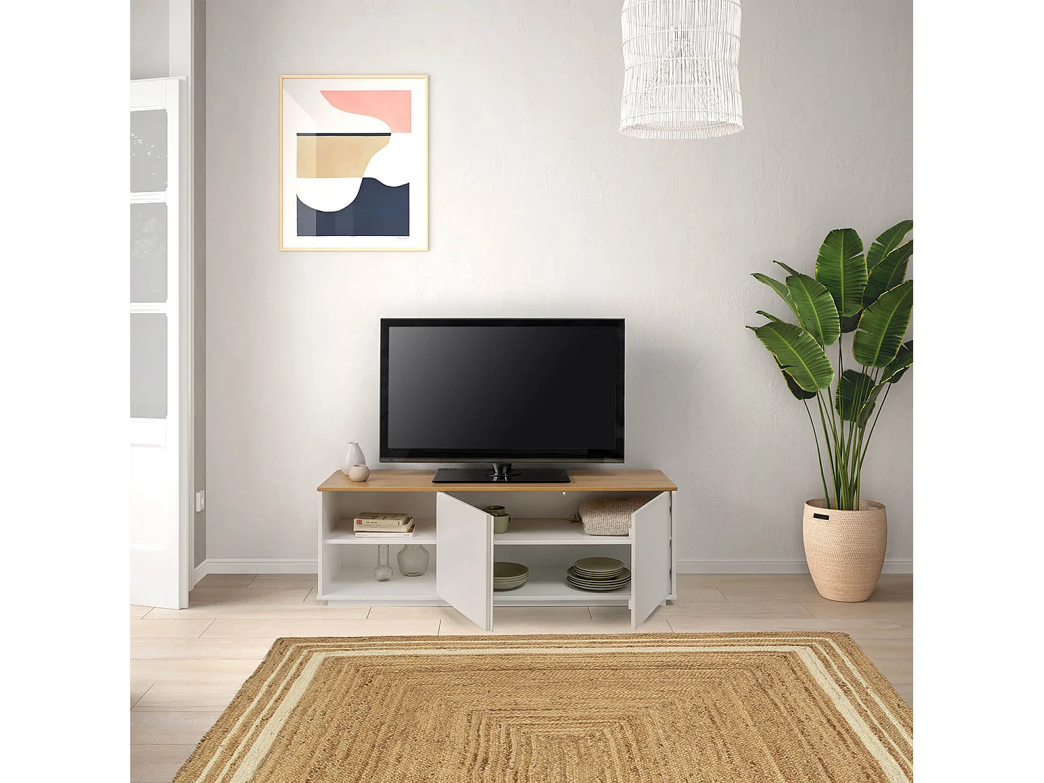 Meuble tv Bob 2 Portes 2 niches blanc/chêne, bois massif