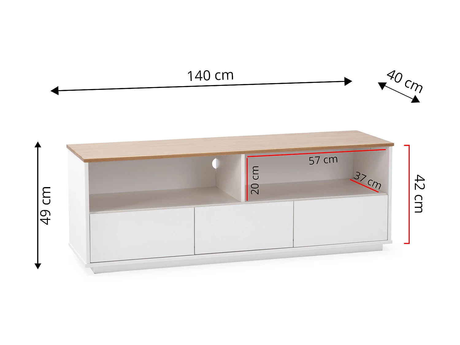 TV-meubel Bob 3 laden 2 vakken Wit/Eiken, Massief hout