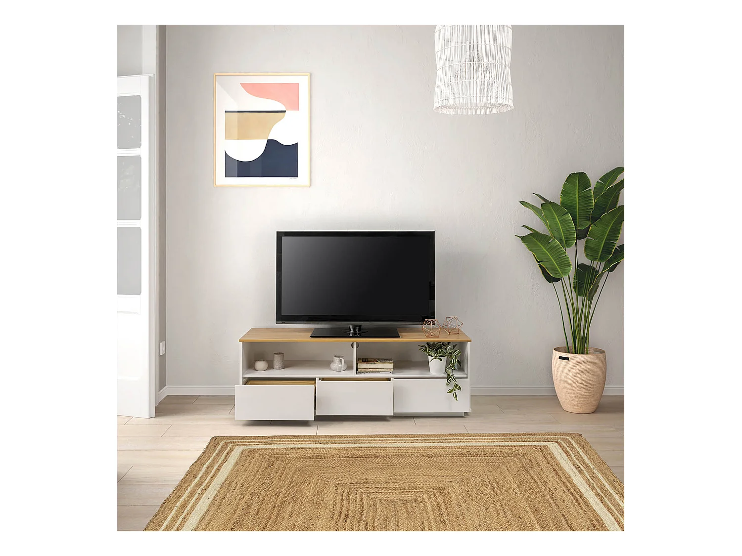 TV-meubel Bob 3 laden 2 vakken Wit/Eiken, Massief hout