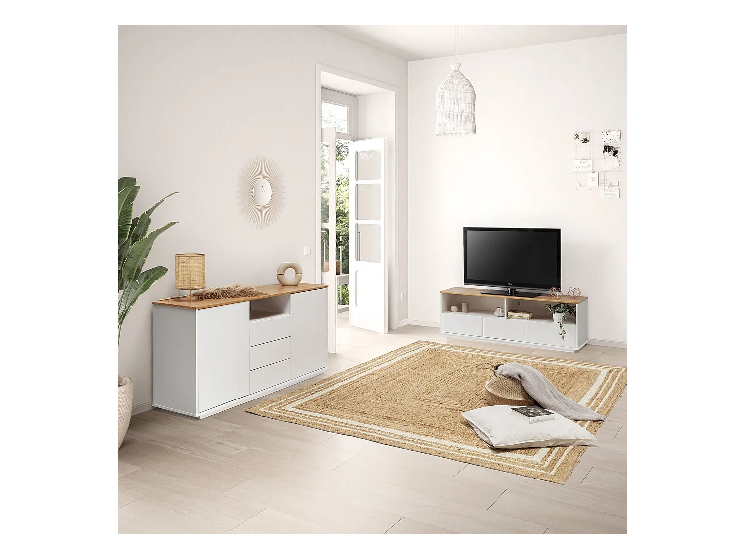 TV-meubel Bob 3 laden 2 vakken Wit/Eiken, Massief hout