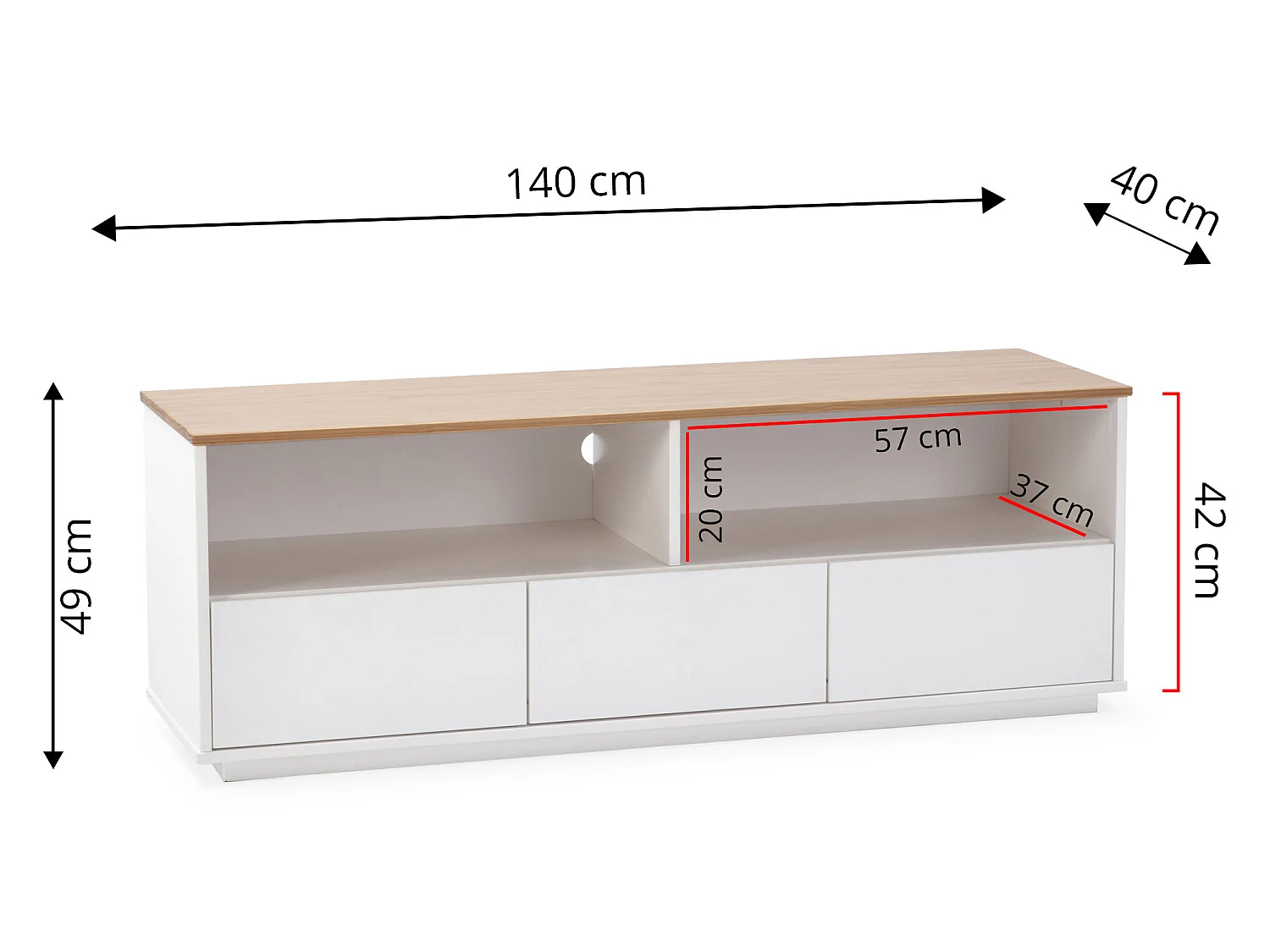 TV-meubel Bob 3 laden 2 vakken Wit/Eiken, Massief hout