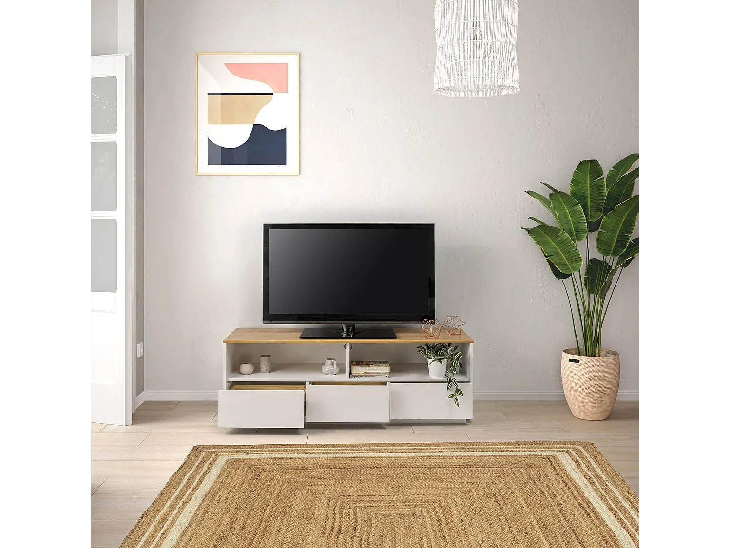 TV-meubel Bob 3 laden 2 vakken Wit/Eiken, Massief hout