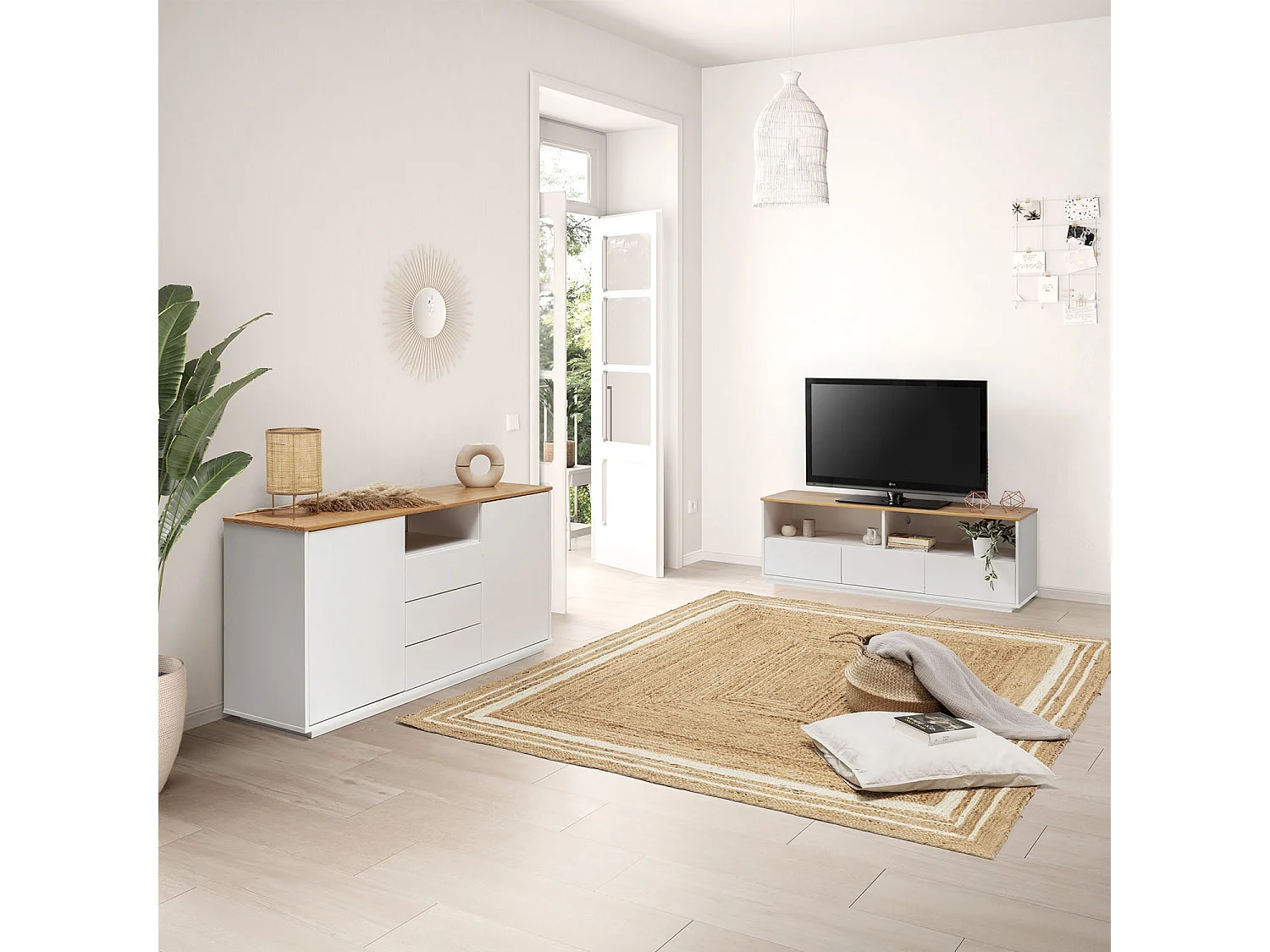 TV-meubel Bob 3 laden 2 vakken Wit/Eiken, Massief hout