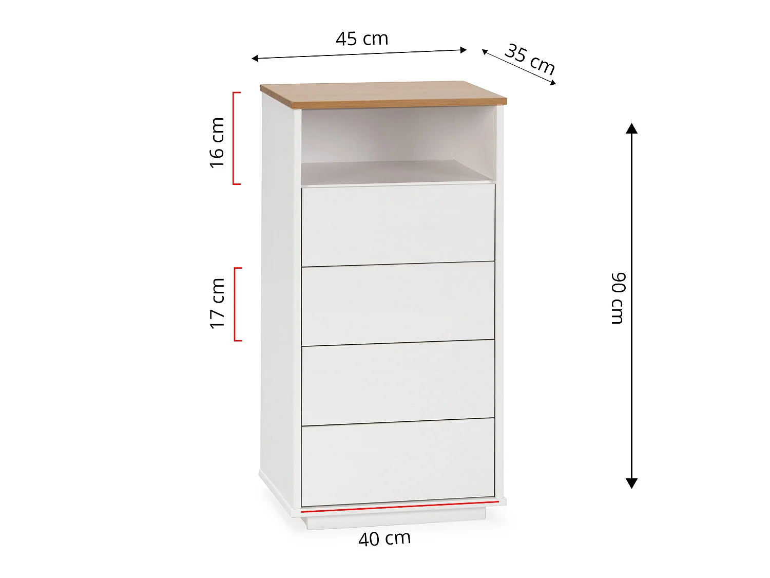Chiffonnier Bob 4 tiroirs 1 niche blanc/chêne, bois massif