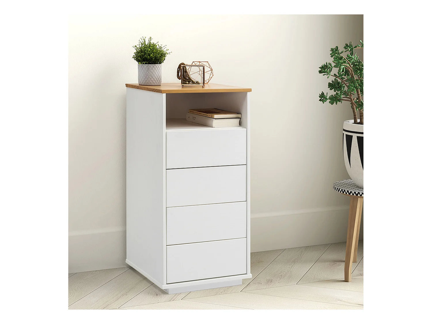 Chiffonnier Bob 4 tiroirs 1 niche blanc/chêne, bois massif