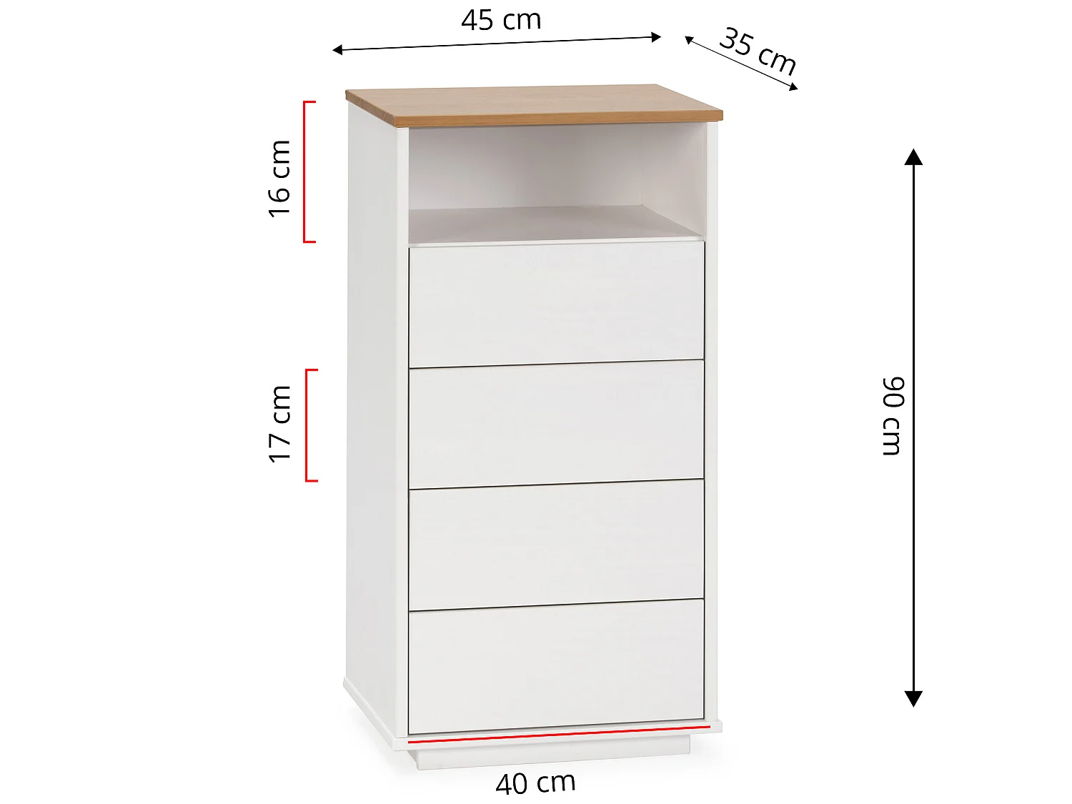 Chiffonnier Bob 4 tiroirs 1 niche blanc/chêne, bois massif