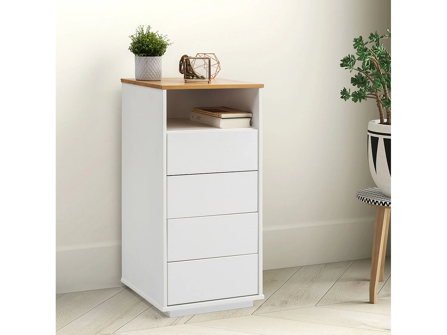 Chiffonnier Bob 4 tiroirs 1 niche blanc/chêne, bois massif