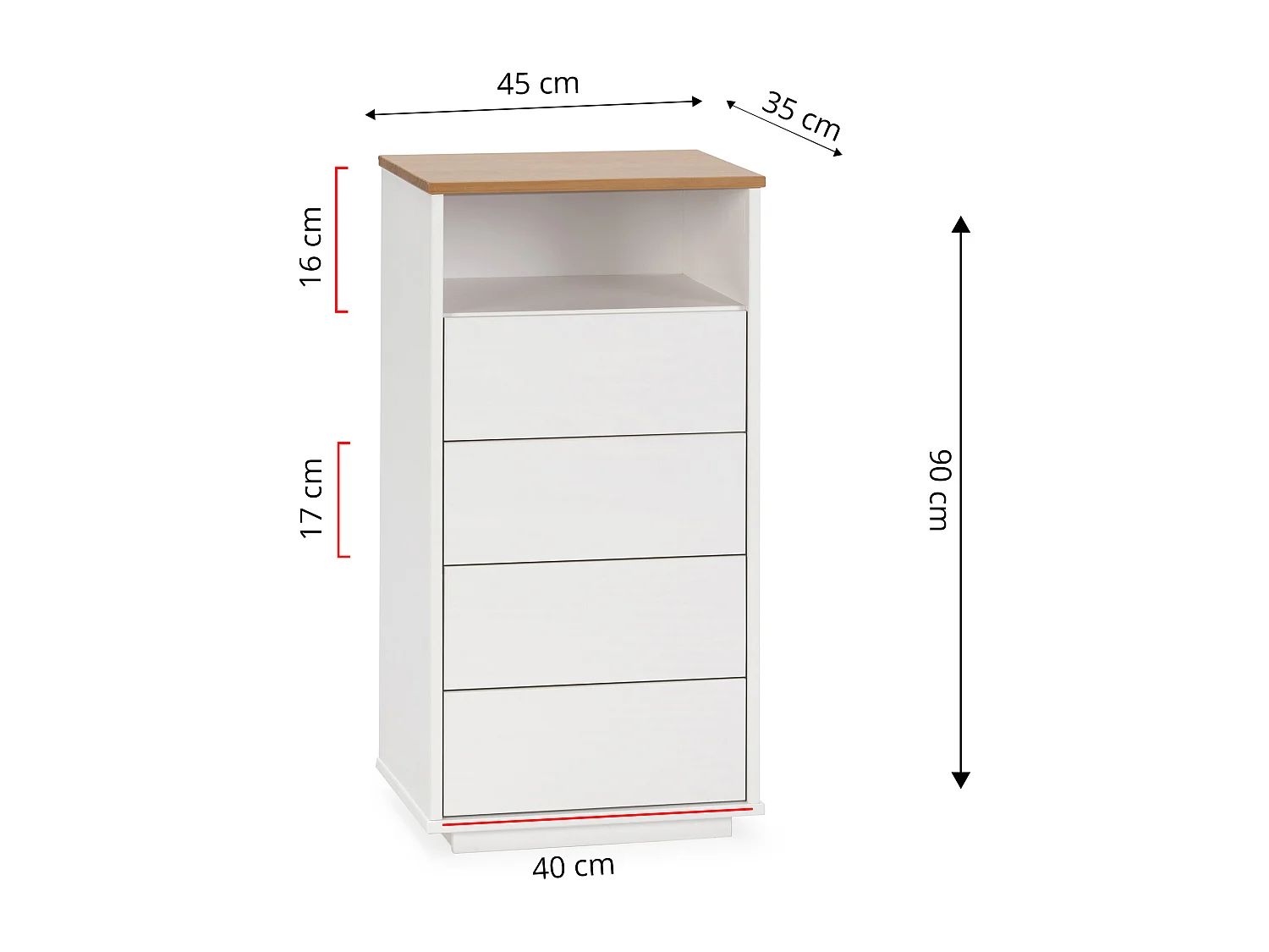 Chiffonnier Bob 4 tiroirs 1 niche blanc/chêne, bois massif