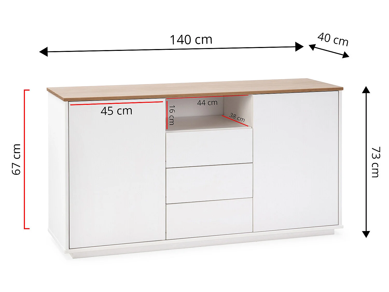 Buffet Bob 3 tiroirs et 2 portes blanc/chêne, Bois Massif