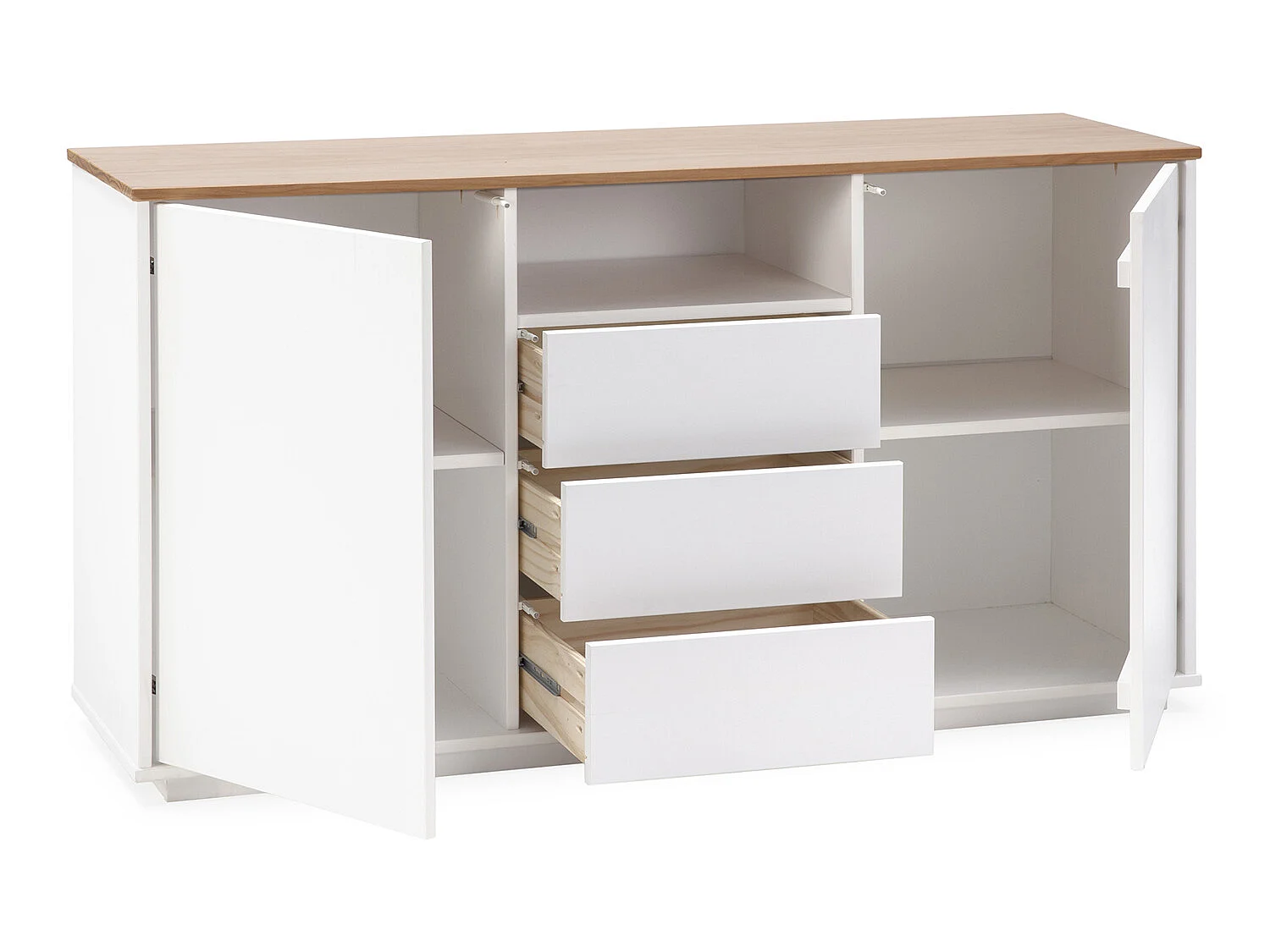 Buffet Bob 3 tiroirs et 2 portes blanc/chêne, Bois Massif