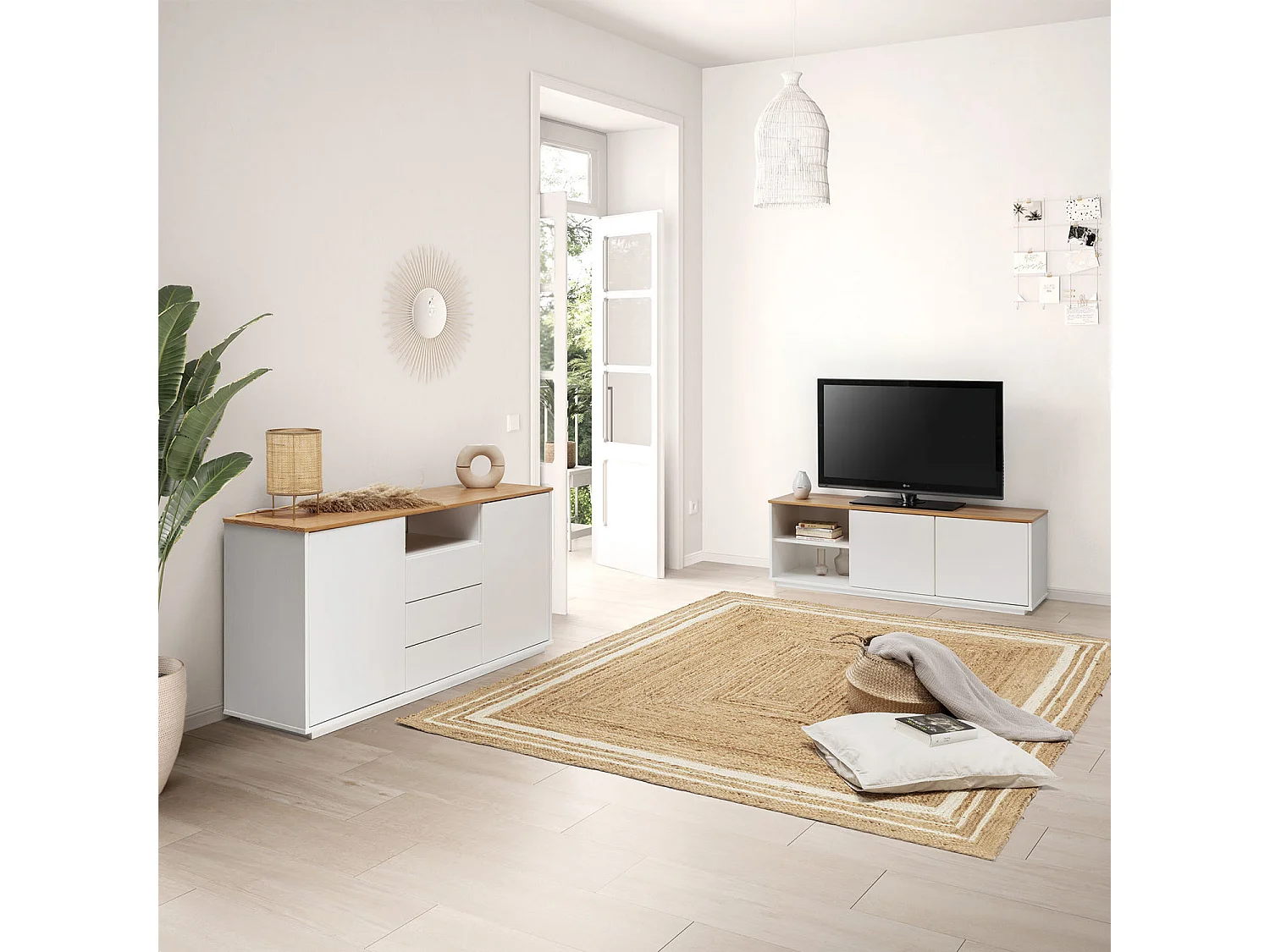 Buffet Bob 3 tiroirs et 2 portes blanc/chêne, Bois Massif