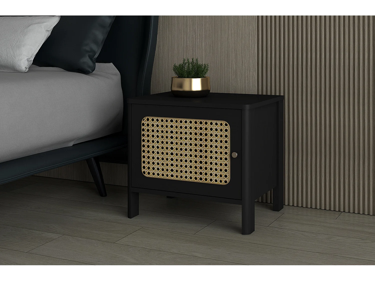 Mesita de noche de mimbre y madera negra BALI