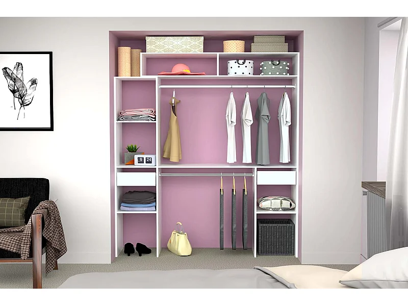 Dressing blanc extensible avec 2 penderies, 4 étagères et 2 tiroirs ELYSEE