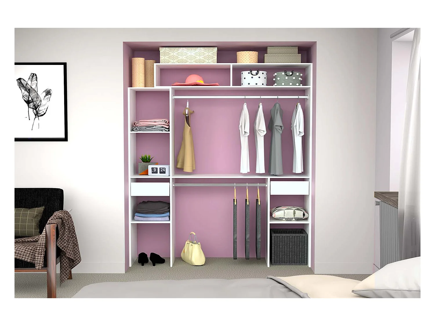 Dressing blanc extensible avec 2 penderies, 4 étagères et 2 tiroirs ELYSEE