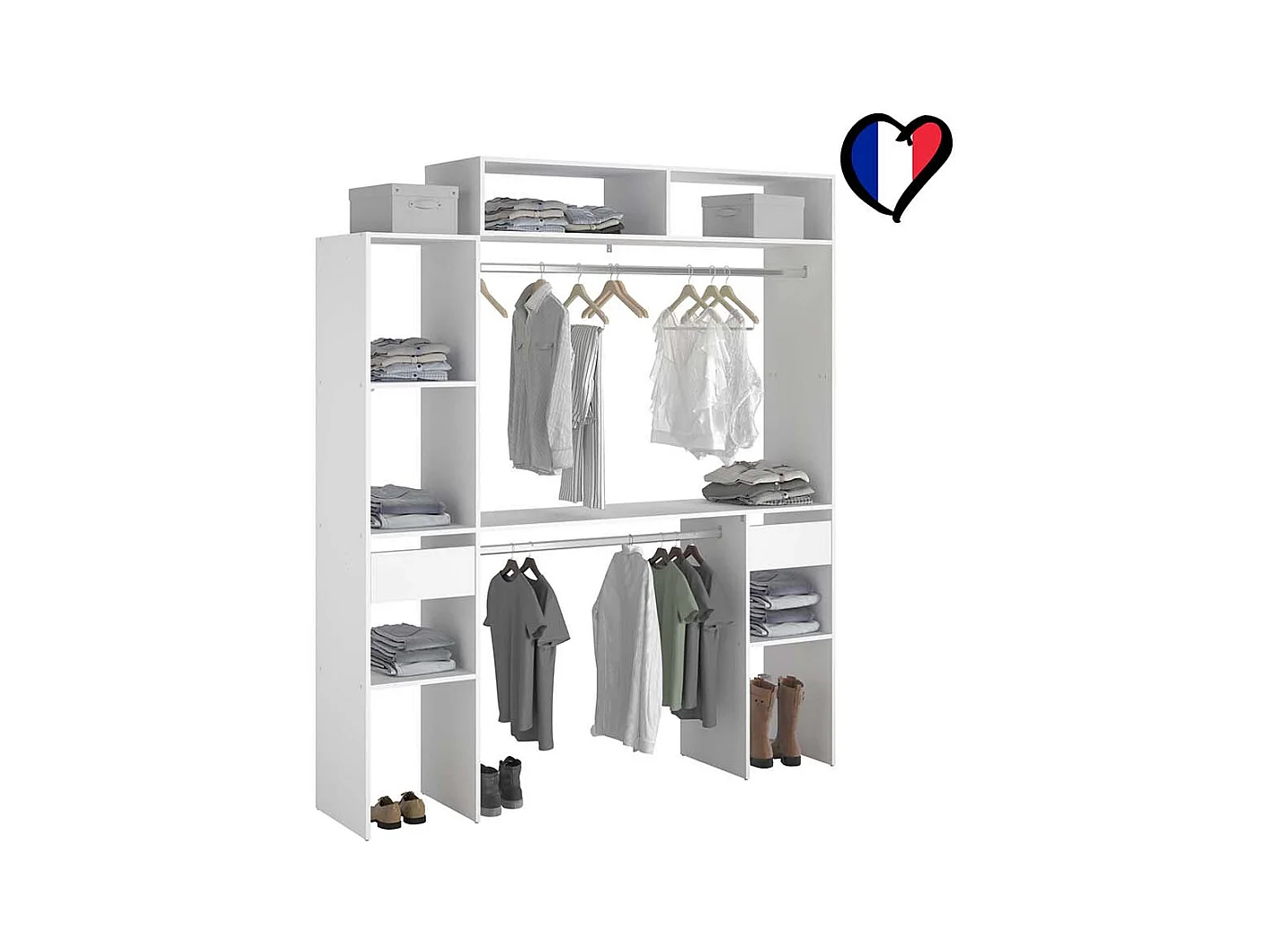 Dressing blanc extensible avec 2 penderies, 4 étagères et 2 tiroirs ELYSEE