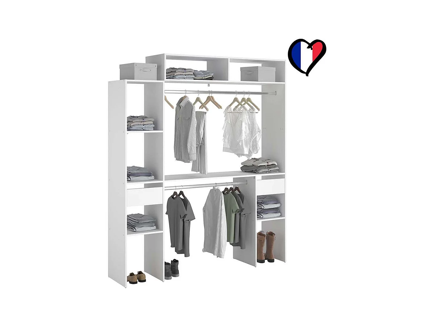 Dressing blanc extensible avec 2 penderies, 4 étagères et 2 tiroirs ELYSEE