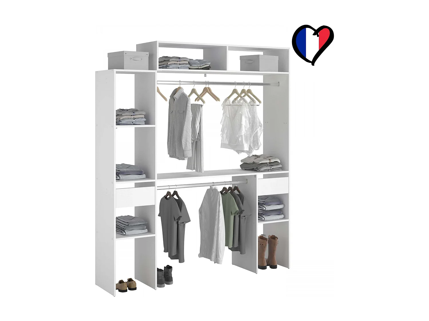 Elysée - Dressing blanc extensible avec 2 penderies, 4 étagères et 2 tiroirs