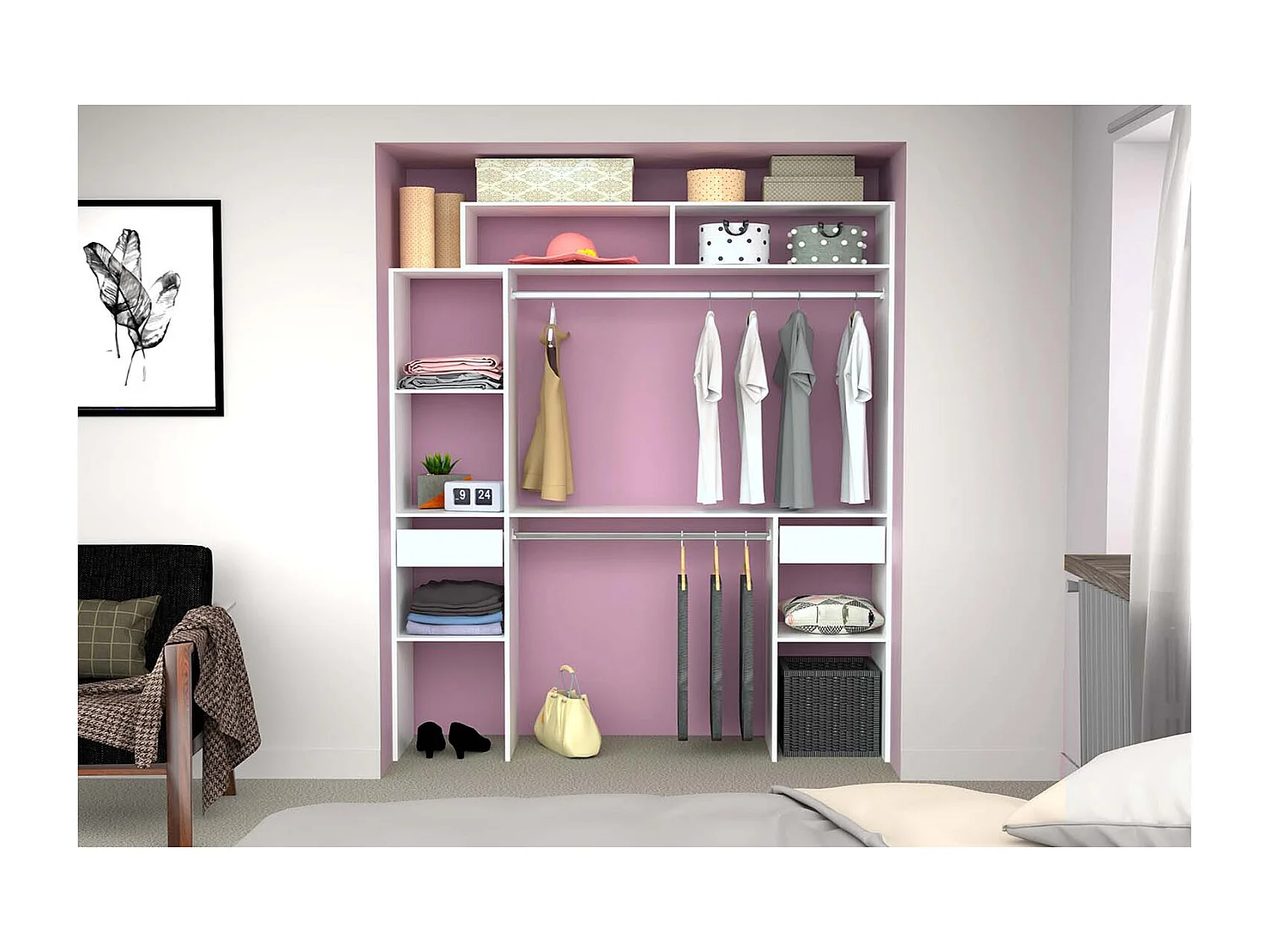 Elysée - Dressing blanc extensible avec 2 penderies, 4 étagères et 2 tiroirs