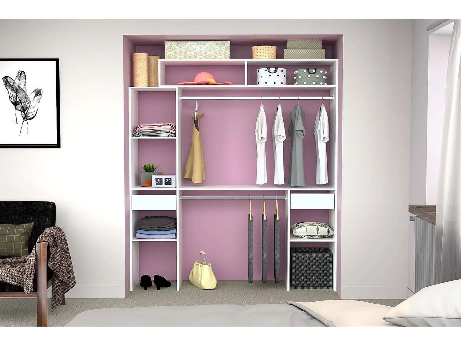 Dressing blanc extensible avec 2 penderies, 4 étagères et 2 tiroirs ELYSEE