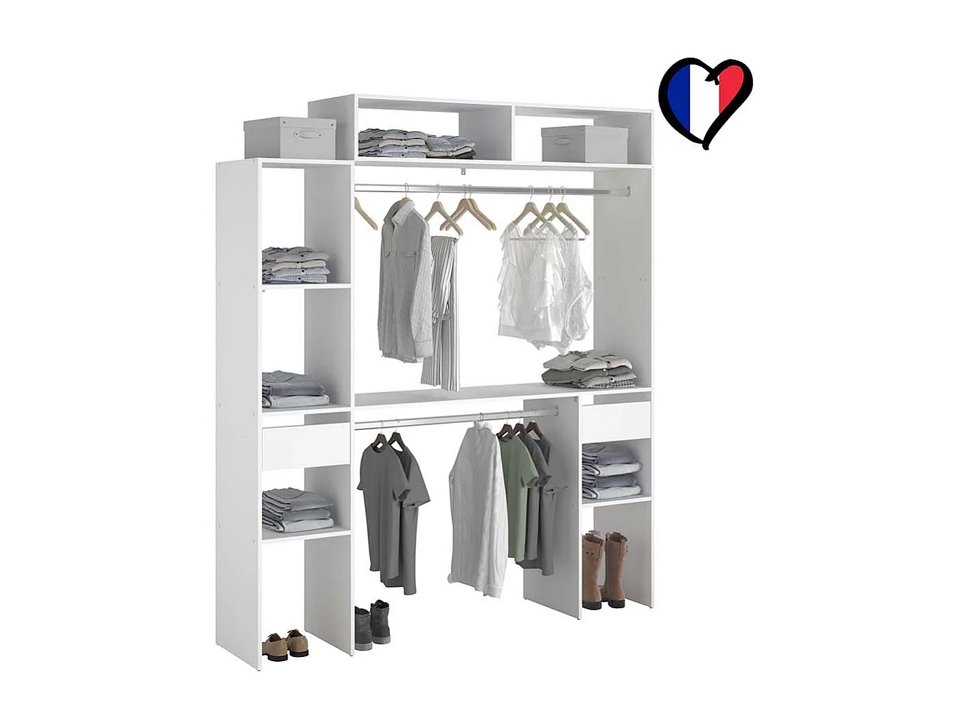 Dressing blanc extensible avec 2 penderies, 4 étagères et 2 tiroirs ELYSEE