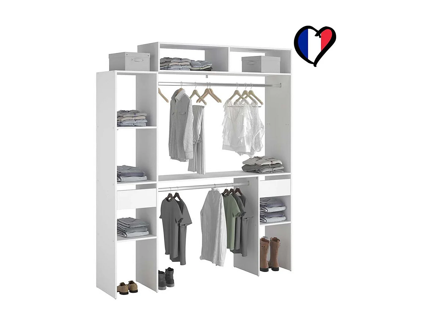 Dressing blanc extensible avec 2 penderies, 4 étagères et 2 tiroirs ELYSEE